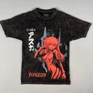 Neon Genesis Evangelion Asuka Foil Anime Graphic T-Shirt Sz S Black‎ Acid Wash